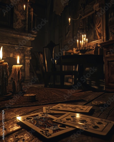 The sharp snap of a card deck in a dimly lit room where every shuffle weaves a thread of hope and ruin