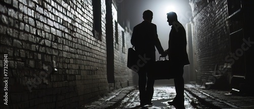 Shadowy figures exchanging briefcases in a dimly lit alley, symbolizing backdoor deals and political corruption photo