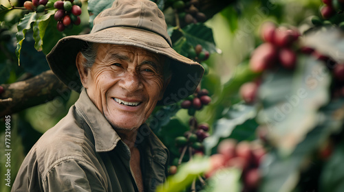 Fierté d'un fermier : un agriculteur rayonnant présente ses grains de café Arabica fraîchement récoltés photo