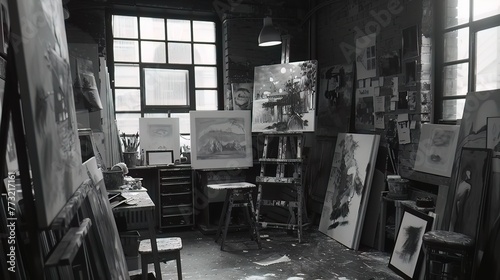 A colorblind artists studio, filled with paintings that are designed to be fully appreciated in grayscale photo