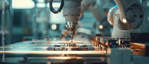A closeup of an automatic assembly line robot arm placing components, highlighting precision in modern manufacturing photo
