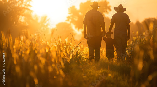 Liens familiaux : un fermier fier serre la main de sa famille aimante au milieu d’une récolte abondante