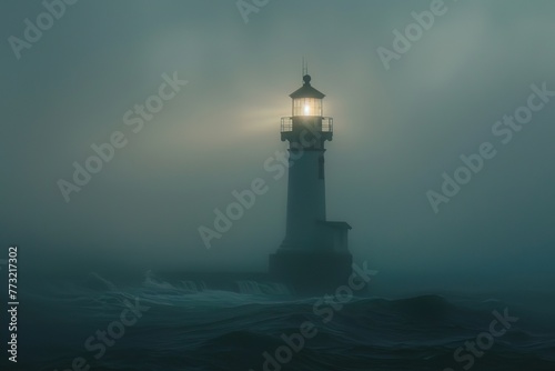 A lighthouse shining through dense fog, guiding ships, a metaphor for vision and leadership
