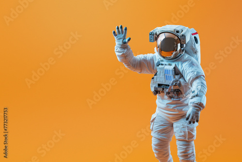Space explorer in a full astronaut suit gestures on a stark orange background, highlighting contrast and focus