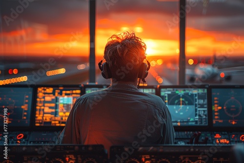 Rear view of air traffic controller in his office at airport