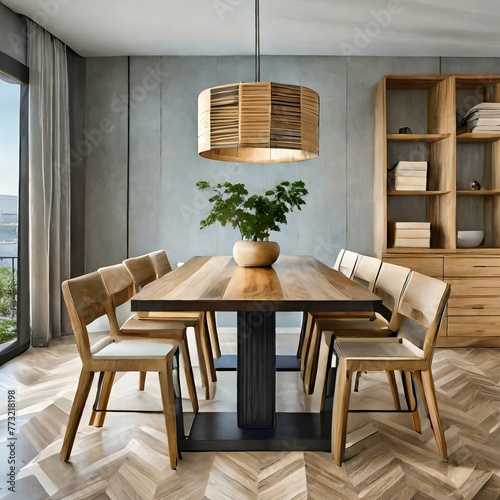 A space-saving wooden dining table design for small apartments, featuring a foldable tabletop and built-in storage compartments, accompanied by stackable chairs, maximizing functionality without sacri photo