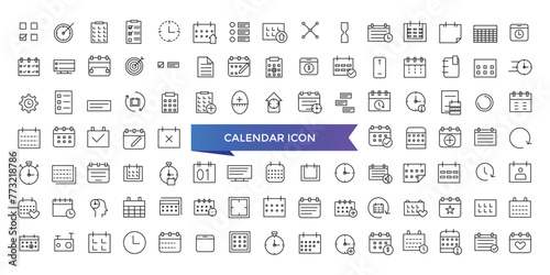 Calendar icon collection. Containing date, schedule, month, week, appointment, agenda, organization and event icons. Line icon set.
