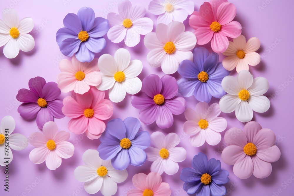 Creative set of bright summer flowers in a frame with copy space on purple background. Creative set of bright summer flowers in a frame with copy space on purple background.