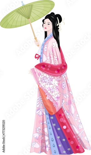 fashion asian woman in vintage luxury dress hanfu with umbrella