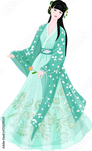 graceful asian young girl in traditional costume hanfu holding f