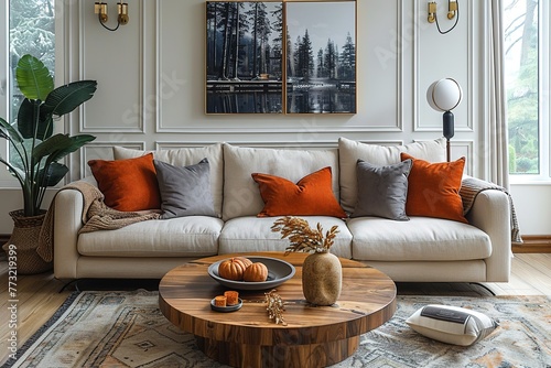 Round coffee table on beige rug near a cozy sofa