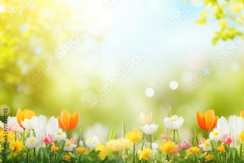 Spring background with beautiful yellow and red tulips flowers on blurred summer background