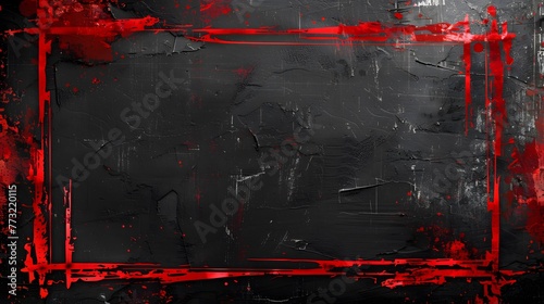 Dramatic red paint strokes arranged in rectangular lines on rugged black wall, red grunge edge print on black background