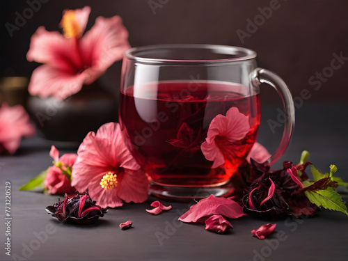 Red hibiscus tea beverage with flowers and dry petals. Herbal tea made from carcade petals in a transparent glass cup on a dark background.