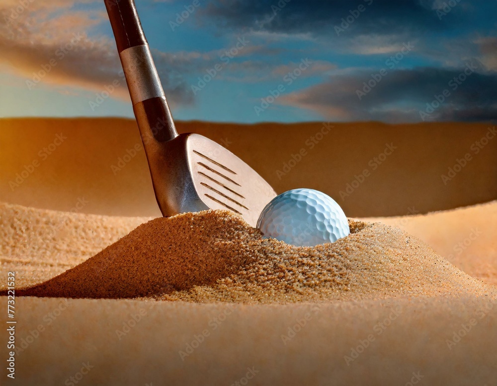 A detailed image of a sand wedge and a golf ball halfburied in a sand