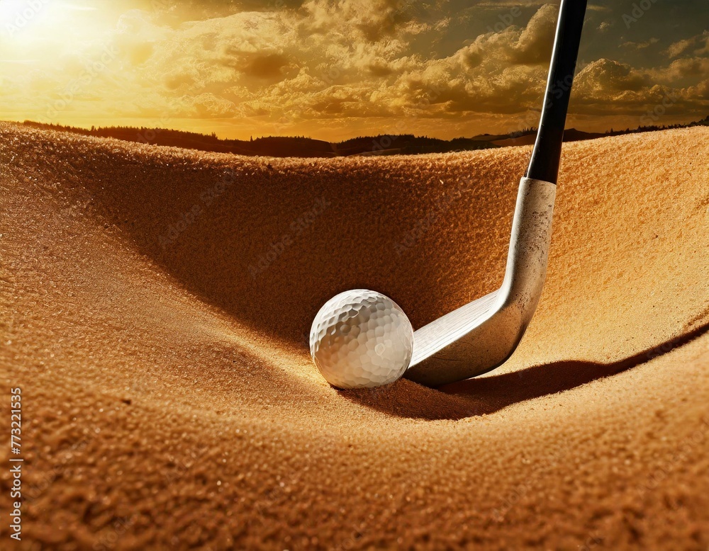 A detailed image of a sand wedge and a golf ball halfburied in a sand
