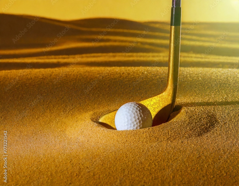 A detailed image of a sand wedge and a golf ball halfburied in a sand