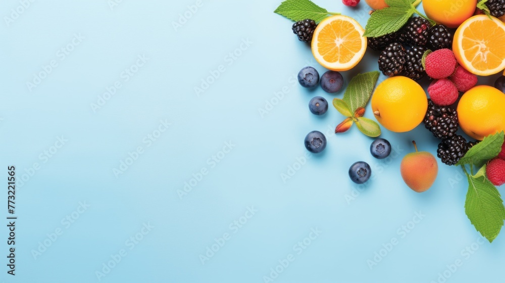 Top view of various summer vitamin fruits and berries: peach, mint, blueberry, orange, blackberry, raspberry on a light blue background with a copy space. Flatlay, a horizontal banner.