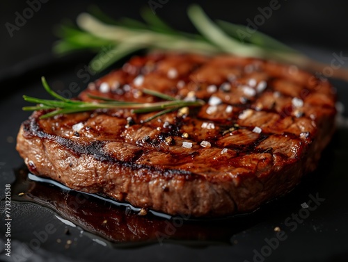 Grass feed beef steak on black plate 