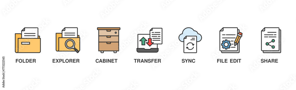 File management banner web icon vector illustration concept with icon of file folder, file explorer, file cabinet, file transfer, file sync, edit, file share, file lock File management banner web icon vector illustration concept with icon of file folder, file explorer, file cabinet, file transfer, file sync, edit, file share, file lock