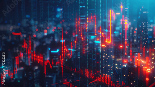 Abstract digital cityscape with glowing financial graphs and stock market trends