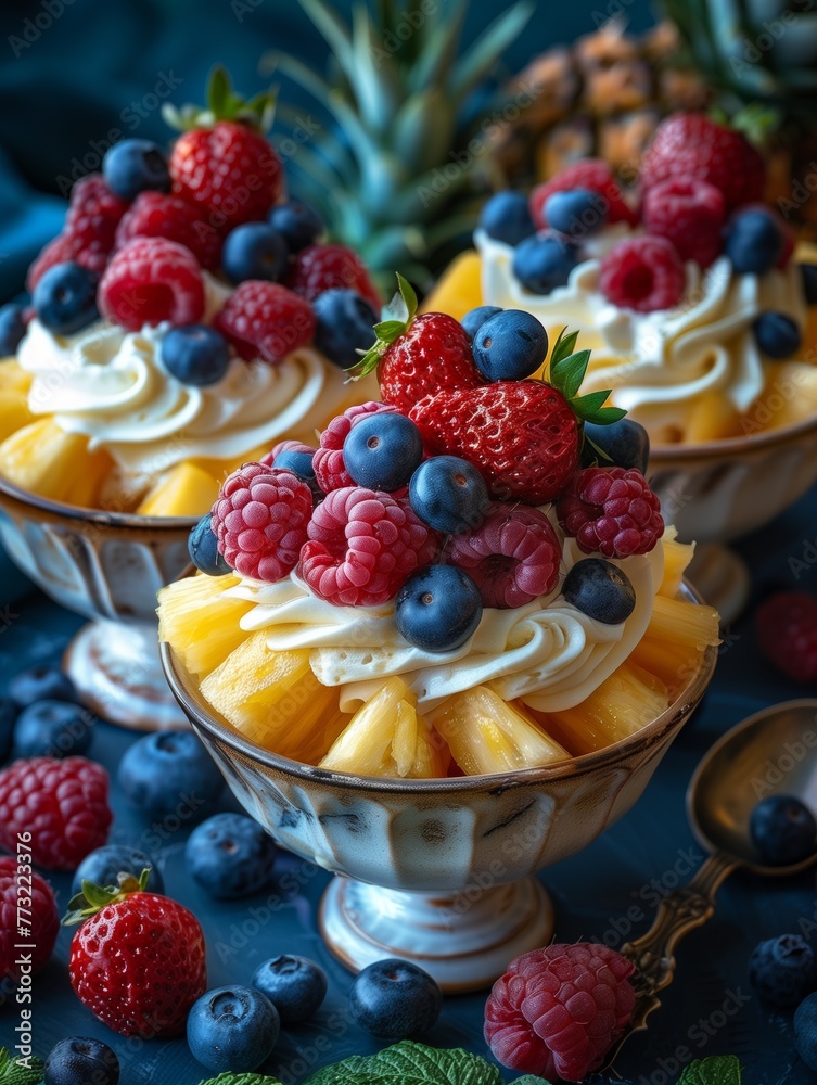 Healthy foods fruits, berries, pineapple on ice cream Healthy foods fruits, berries, pineapple on ice cream