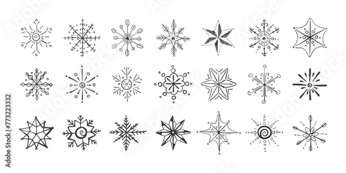 Set of snowflakes in doodle style for winter design. Snow flake sketch hand drawn winter christmas concept. Scribble cartoon. Design element for christmas banner, cards. Xmas ornament. Vector.