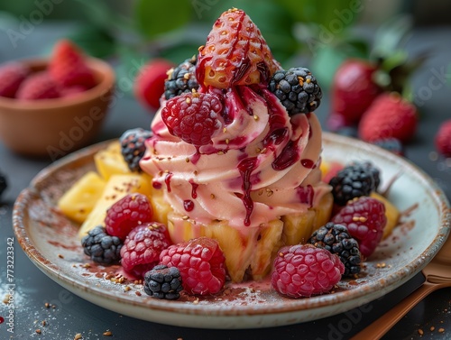Healthy foods fruits, berries, pineapple on ice cream
