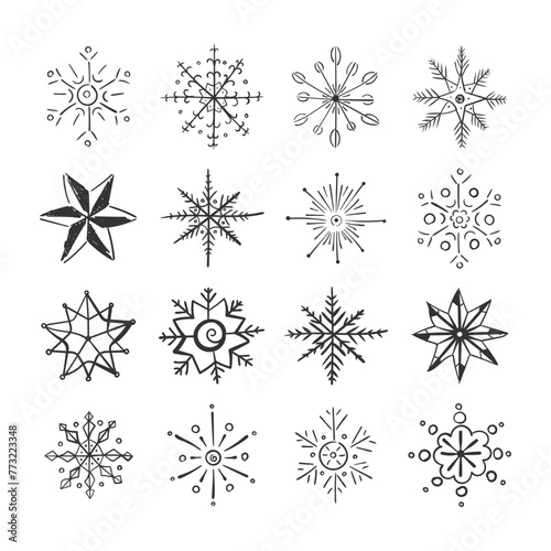 Set of snowflakes in doodle style for winter design. Snow flake sketch hand drawn winter christmas concept. Scribble cartoon. Design element for christmas banner  cards. Xmas ornament. Vector.