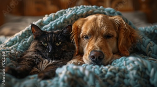 a golden retriever dog and a black-and-white cat snuggling affectionately on a light blue fuzzy blanket, capturing the warmth and coziness of their bond. © growth.ai