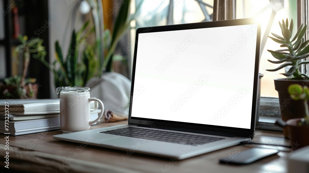 laptop computer lockup, design with monitor blank screen, home desk background, 3D render laptop computer lockup, design with monitor blank screen, home desk background, 3D render
