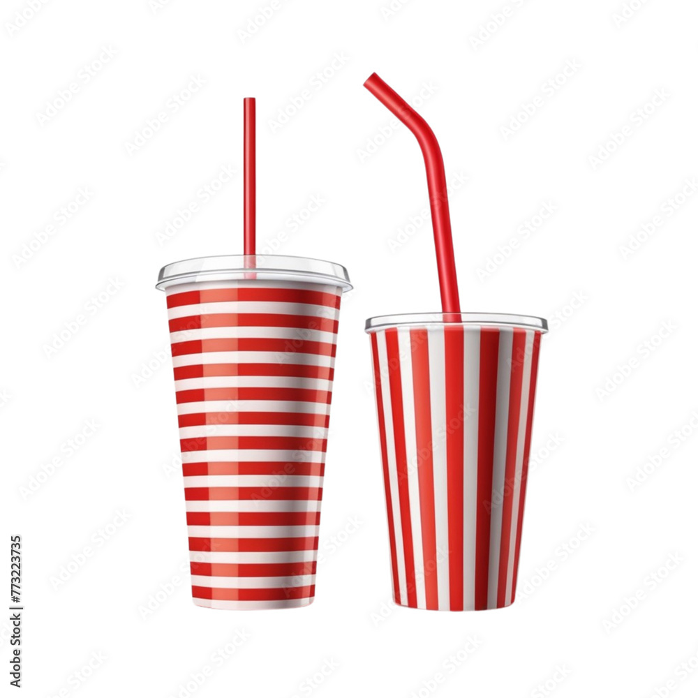 Red striped red striped paper glass with drinking straw on Isolated transparent background png. generated with AI Red striped red striped paper glass with drinking straw on Isolated transparent background png. generated with AI