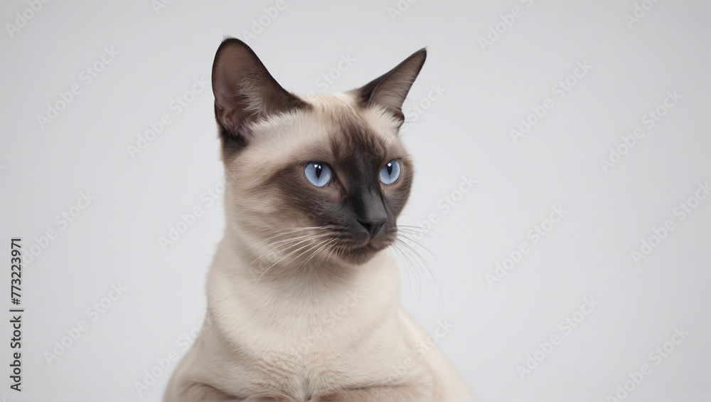 Siamese feline alone against a white backdrop detailed
