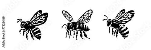  Set of Silhouette icon of Honey bee vector illustration, isolated over on transparent white background