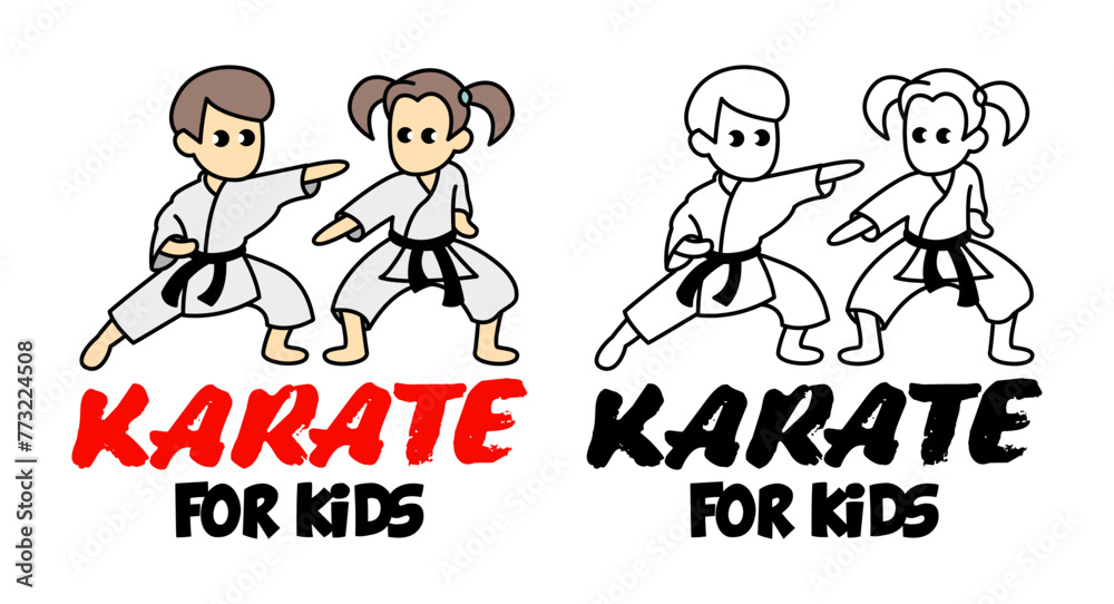 Sparring of Boy and girl in karate discipline. Martial arts school for childrens. Baby Karate logo. Strong kids concept.