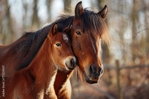 A horse is taking care of her cub, animal and love, familiy concept