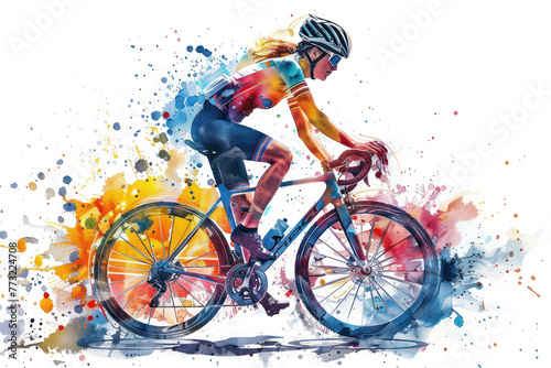 Colorful watercolor painting of side view woman cyclist in road bike © Ema