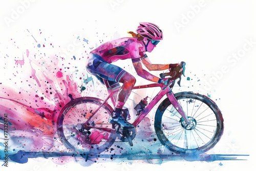 Pink watercolor painting of side view woman cyclist in road bike © Ema