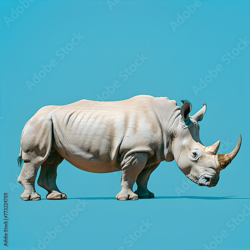 A white rhinoceros with a robust body is standing on the blue ground