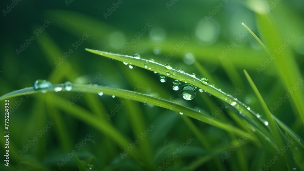 Wet green grass covered in fresh rain dew water drops macro close-up illustration. Realistic detailed nature eco background wallpaper header design concept with blur bokeh effect. Wet green grass covered in fresh rain dew water drops macro close-up illustration. Realistic detailed nature eco background wallpaper header design concept with blur bokeh effect.