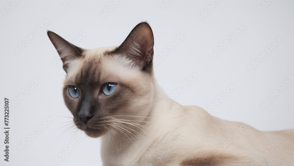 Siamese feline alone against a white backdrop detailed