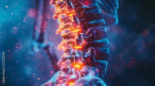 An X-ray of the human spine against a blue background. The neck spine highlighted in yellow-red indicates areas of concern. Depicting medical examinations for spinal injuries