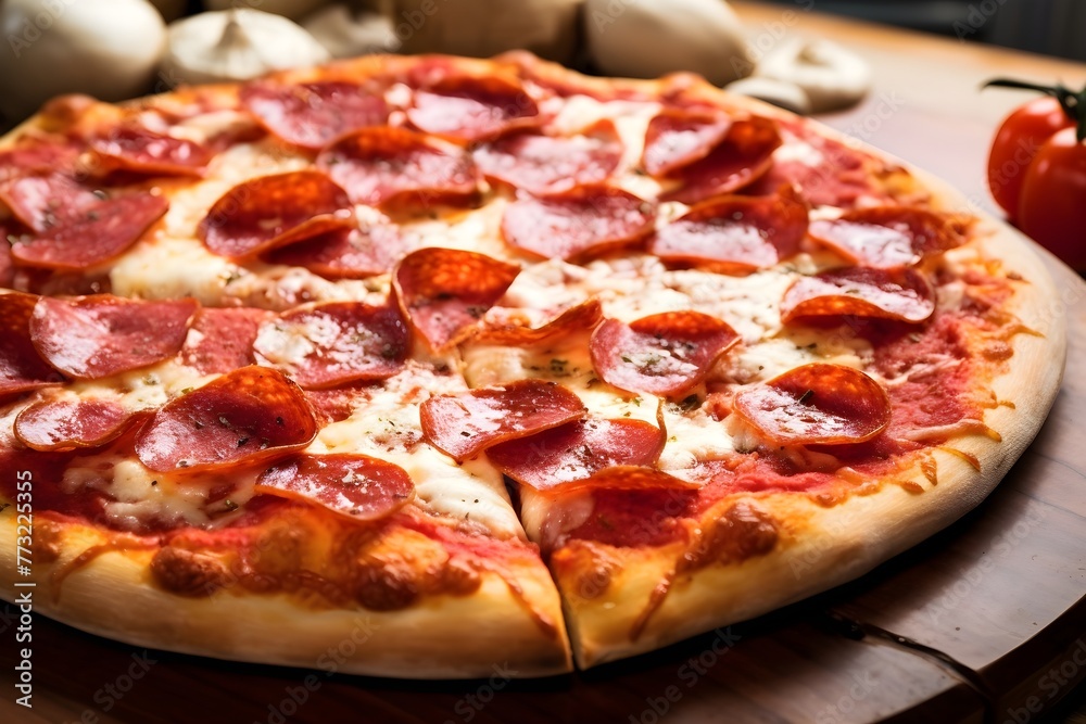 Pepperoni pizza with salami and tomatoes and mozzarella cheese, close up shot HD slices