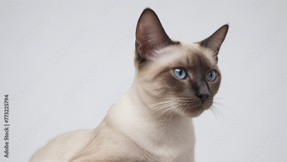 Siamese feline alone against a white backdrop detailed