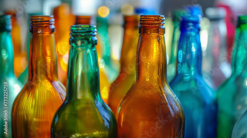 Zbliżenie na szyjki kolorowych butelek photo