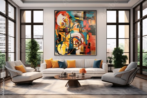 a room with a large painting and couches