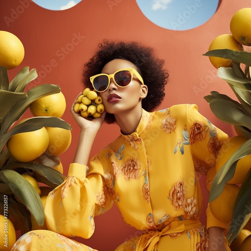 Editorial photography showcasing a stylish summer scene with sunglasses and mango © Pawankorn