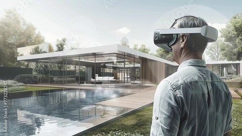 réalité virtuelle et architecture, personne qui visite une maison avec un casque VR. illustration ia générative photo