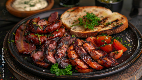 Hearty plate of irish sausages, bacon, grilled tomatoes, and toast