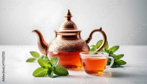 Metalic moroccan tea pot and cup with mint